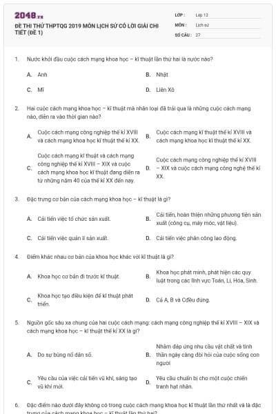 ĐỀ THI THỬ THPTQG 2019 MÔN LỊCH SỬ CÓ LỜI GIẢI CHI TIẾT (ĐỀ 1)