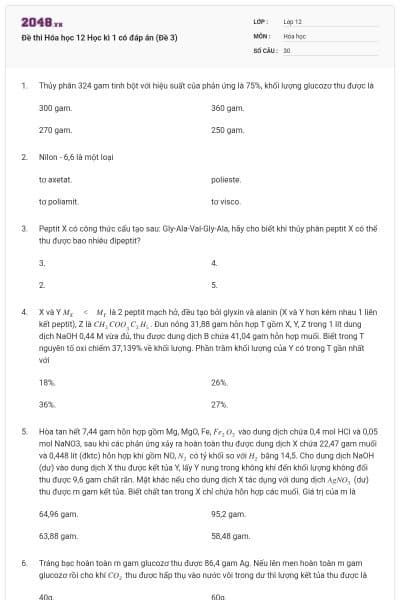 Đề thi Hóa học 12 Học kì 1 có đáp án (Đề 3)