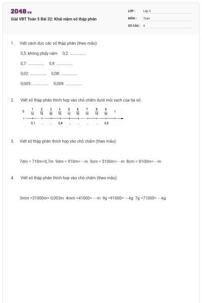 Giải VBT Toán 5 Bài 32: Khái niệm số thập phân