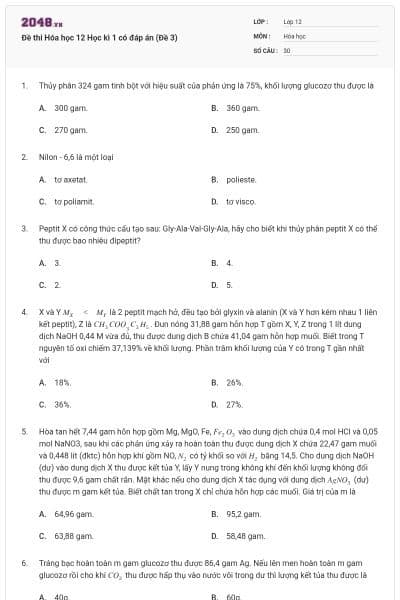Đề thi Hóa học 12 Học kì 1 có đáp án (Đề 3)