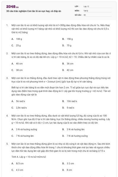 30 câu trắc nghiệm Con lắc lò xo cực hay, có đáp án