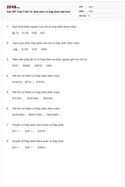 Giải VBT Toán 5 Bài 33: Khái niệm số thập phân tiếp theo