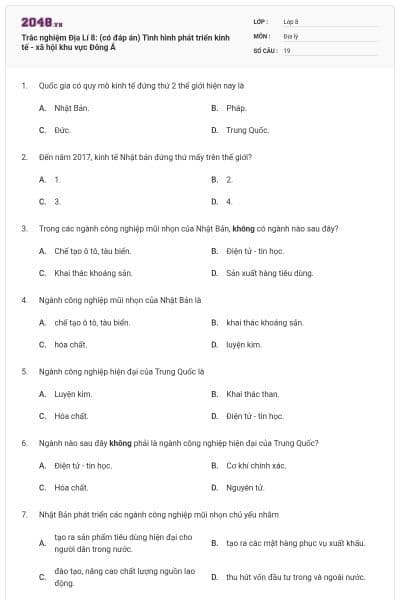 Trắc nghiệm Địa Lí 8: (có đáp án) Tình hình phát triển kinh tế - xã hội khu vực Đông Á