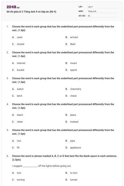 Đề thi giữa kì 2 Tiếng Anh 9 có đáp án (Đề 4)
