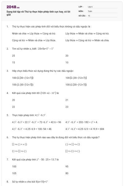 Dạng bài tập về Thứ tự thực hiện phép tính cực hay, có lời giải
