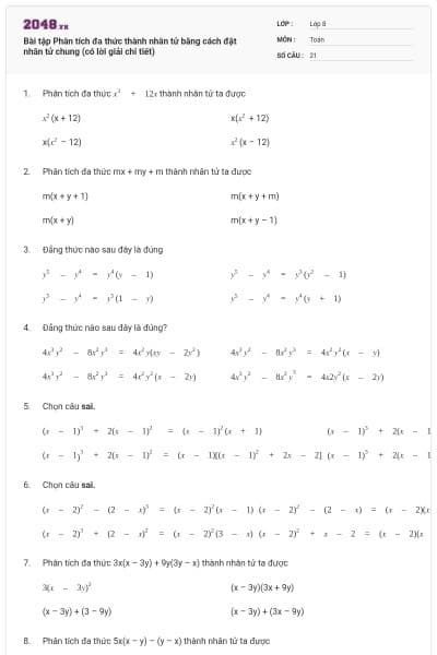 Bài tập Phân tích đa thức thành nhân tử bằng cách đặt nhân tử chung (có lời giải chi tiết)