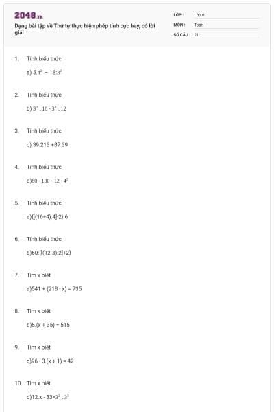 Dạng bài tập về Thứ tự thực hiện phép tính cực hay, có lời giải