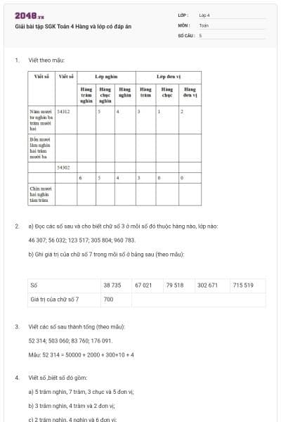 Giải bài tập SGK Toán 4 Hàng và lớp có đáp án