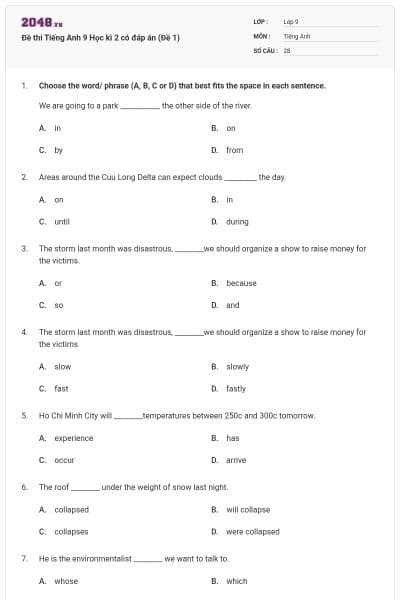 Đề thi Tiếng Anh 9 Học kì 2 có đáp án (Đề 1)