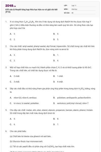 635 câu lý thuyết tổng hợp Hóa học hữu cơ có giải chi tiết (P15)