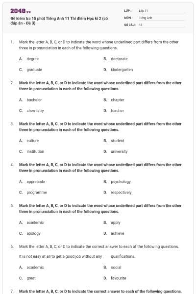 Đề kiểm tra 15 phút Tiếng Anh 11 Thí điểm Học kì 2 (có đáp án - Đề 3)