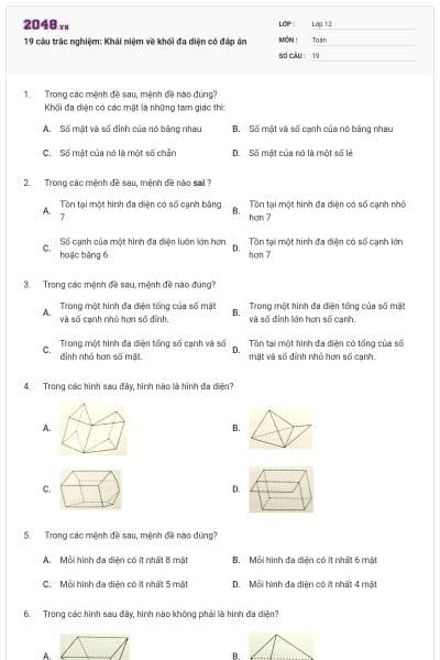 19 câu trắc nghiệm: Khái niệm về khối đa diện có đáp án