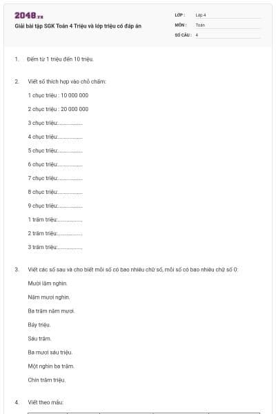 Giải bài tập SGK Toán 4 Triệu và lớp triệu có đáp án