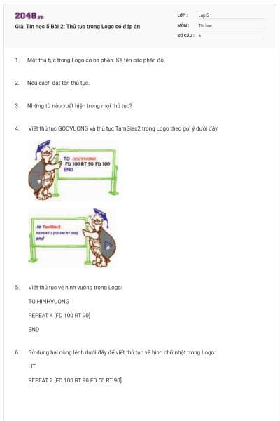 Giải Tin học 5 Bài 2: Thủ tục trong Logo có đáp án