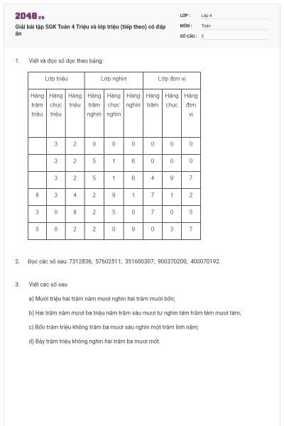 Giải bài tập SGK Toán 4 Triệu và lớp triệu (tiếp theo) có đáp án