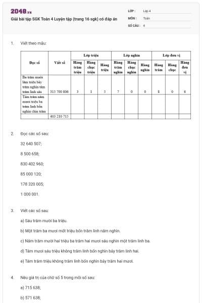 Giải bài tập SGK Toán 4 Luyện tập (trang 16 sgk) có đáp án