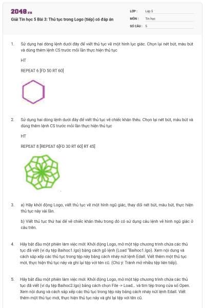 Giải Tin học 5 Bài 3: Thủ tục trong Logo (tiếp) có đáp án