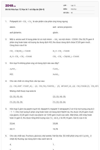 Đề thi Hóa học 12 Học kì 1 có đáp án (Đề 4)