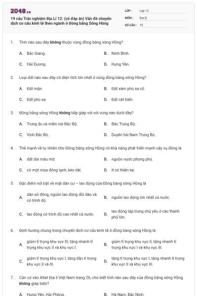19 câu Trắc nghiệm Địa Lí 12: (có đáp án) Vấn đề chuyển dịch cơ cấu kinh tế theo ngành ở Đồng bằng Sông Hồng