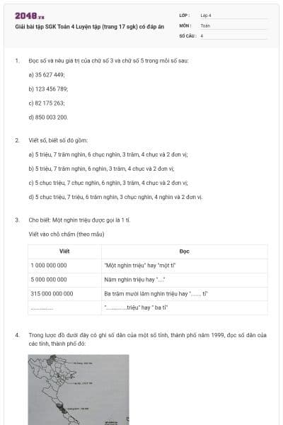 Giải bài tập SGK Toán 4 Luyện tập (trang 17 sgk) có đáp án