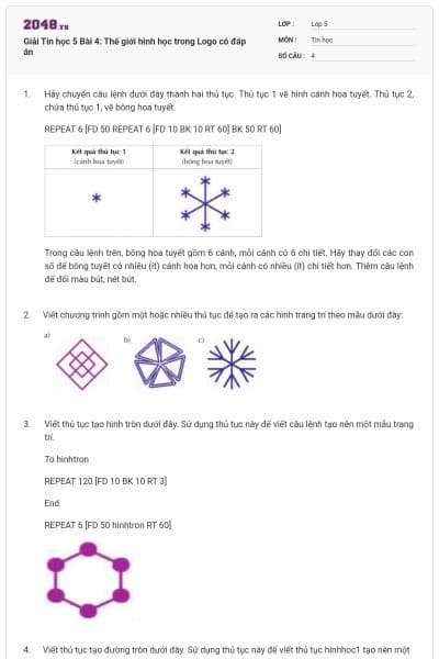 Giải Tin học 5 Bài 4: Thế giới hình học trong Logo có đáp án