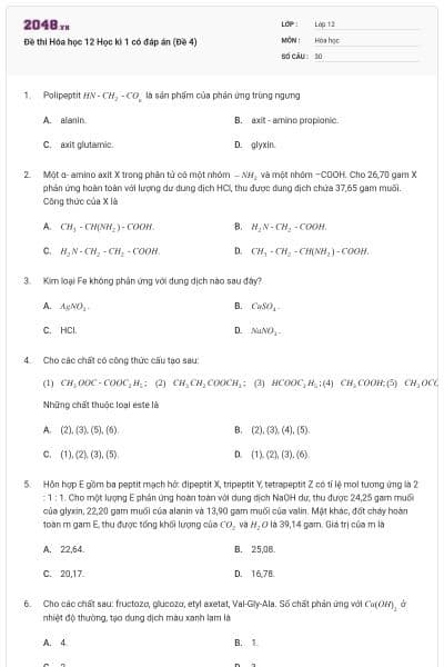 Đề thi Hóa học 12 Học kì 1 có đáp án (Đề 4)