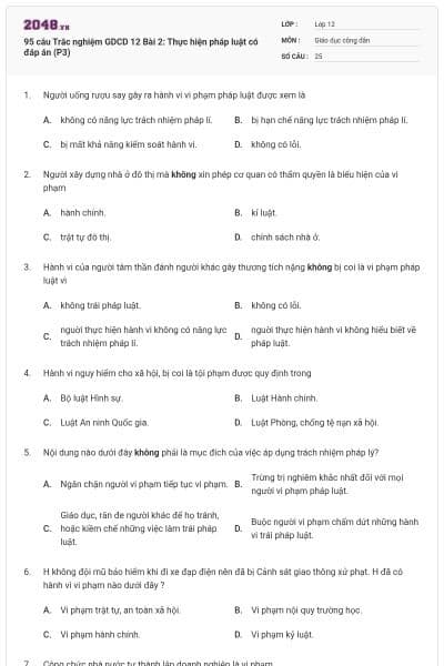 95 câu Trắc nghiệm GDCD 12 Bài 2: Thực hiện pháp luật có đáp án (P3)