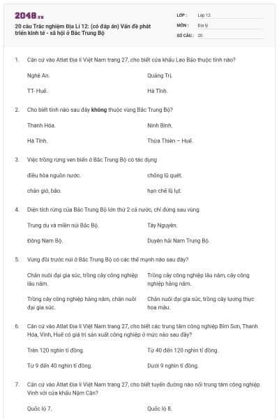 20 câu Trắc nghiệm Địa Lí 12: (có đáp án) Vấn đề phát triển kinh tế - xã hội ở Bắc Trung Bộ