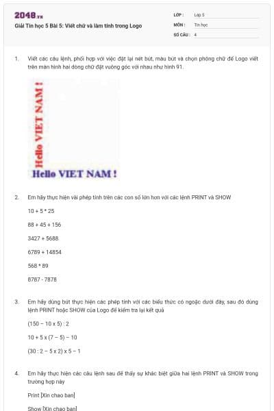 Giải Tin học 5 Bài 5: Viết chữ và làm tính trong Logo