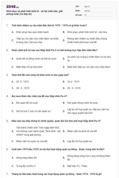 Khôi phục và phát triển kinh tế - xã hội miền bắc, giải phóng hoàn (có đáp án)