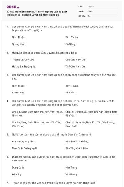 17 câu Trắc nghiệm Địa Lí 12: (có đáp án)  Vấn đề phát triển kinh tế - xã hội ở Duyên hải Nam Trung Bộ
