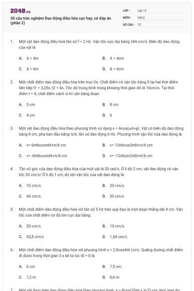 30 câu trắc nghiệm Dao động điều hòa cực hay, có đáp án (phần 2)
