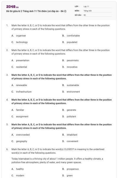 Đề thi giữa kì 2 Tiếng Anh 11 Thí điểm (có đáp án - Đề 2)