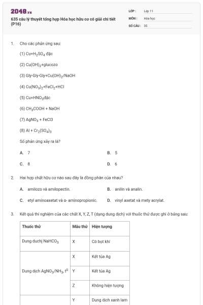 635 câu lý thuyết tổng hợp Hóa học hữu cơ có giải chi tiết (P16)