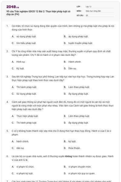 95 câu Trắc nghiệm GDCD 12 Bài 2: Thực hiện pháp luật có đáp án (P4)