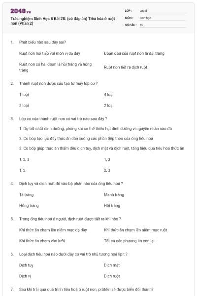 Trắc nghiệm Sinh Học 8 Bài 28: (có đáp án) Tiêu hóa ở ruột non (Phần 2)