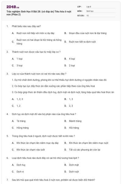 Trắc nghiệm Sinh Học 8 Bài 28: (có đáp án) Tiêu hóa ở ruột non (Phần 2)