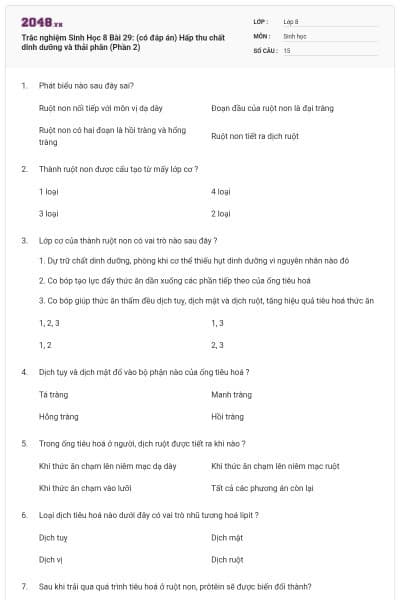 Trắc nghiệm Sinh Học 8 Bài 29: (có đáp án) Hấp thu chất dinh dưỡng và thải phân (Phần 2)
