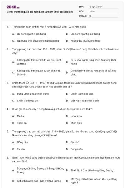 Đề thi thử thpt quốc gia môn Lịch Sử năm 2019 (có đáp án)