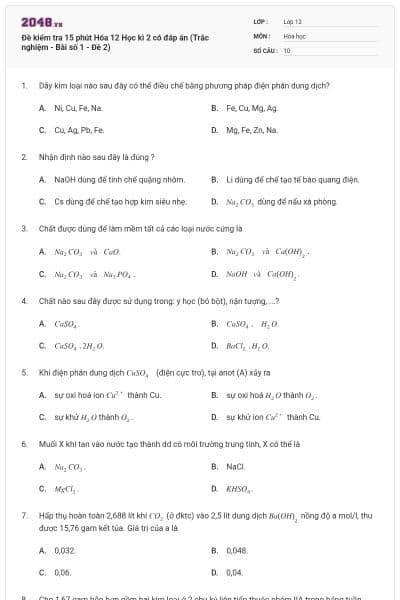 Đề kiểm tra 15 phút Hóa 12 Học kì 2 có đáp án (Trắc nghiệm - Bài số 1 - Đề 2)