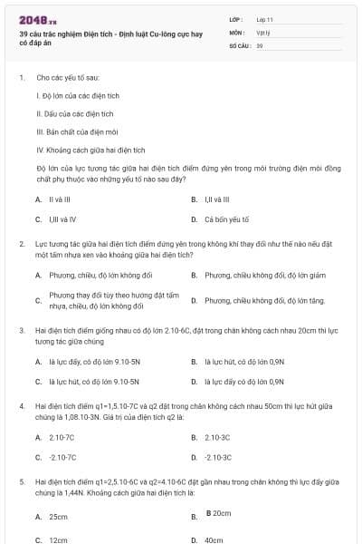 39 câu trắc nghiệm Điện tích - Định luật Cu-lông cực hay có đáp án