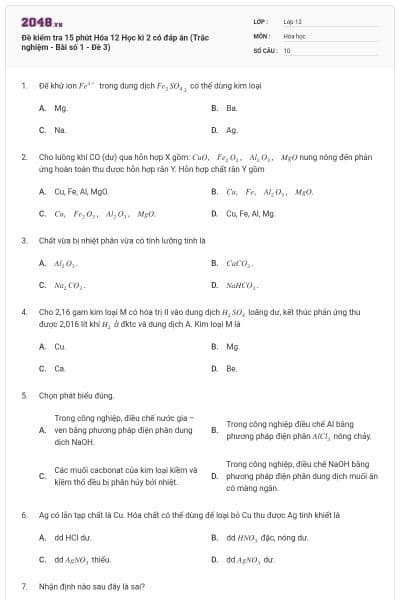 Đề kiểm tra 15 phút Hóa 12 Học kì 2 có đáp án (Trắc nghiệm - Bài số 1 - Đề 3)