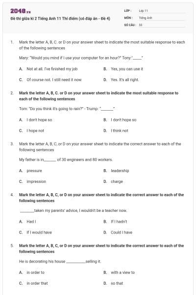 Đề thi giữa kì 2 Tiếng Anh 11 Thí điểm (có đáp án - Đề 4)