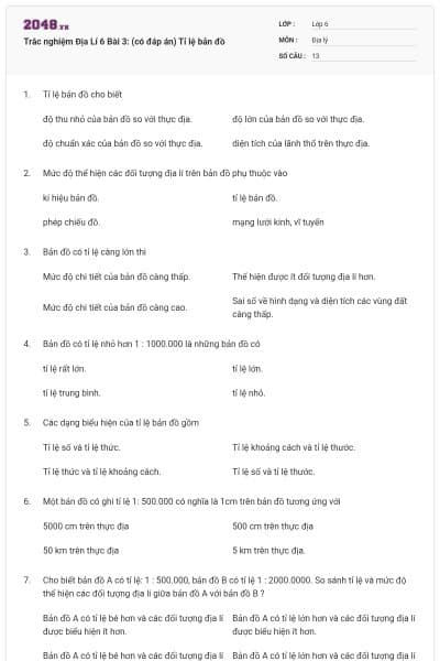 Trắc nghiệm Địa Lí 6 Bài 3: (có đáp án) Tỉ lệ bản đồ