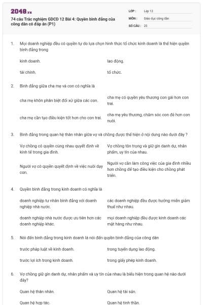 74 câu Trắc nghiệm GDCD 12 Bài 4: Quyền bình đẳng của công dân có đáp án (P1)