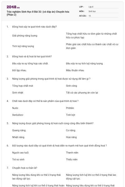 Trắc nghiệm Sinh Học 8 Bài 32: (có đáp án) Chuyển hóa (Phần 2)