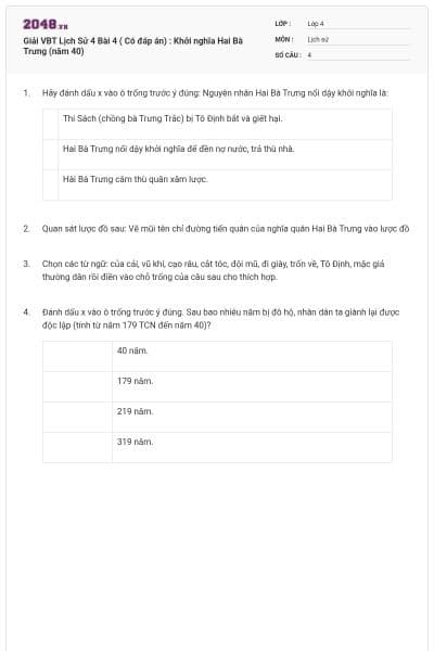 Giải VBT Lịch Sử 4 Bài 4 ( Có đáp án) : Khởi nghĩa Hai Bà Trưng (năm 40)