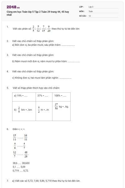 Cùng em học Toán lớp 5 Tập 2 Tuần 29 trang 44, 45 hay nhất