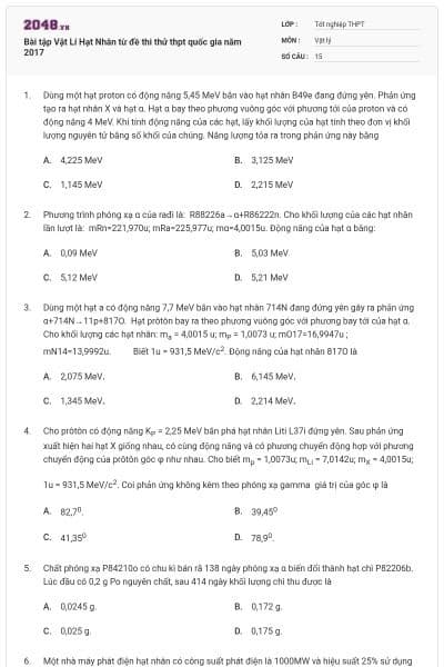 Bài tập Vật Lí Hạt Nhân từ đề thi thử thpt quốc gia năm 2017
