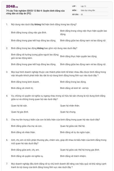 74 câu  Trắc nghiệm GDCD 12 Bài 4: Quyền bình đẳng của công dân có đáp án (P2)